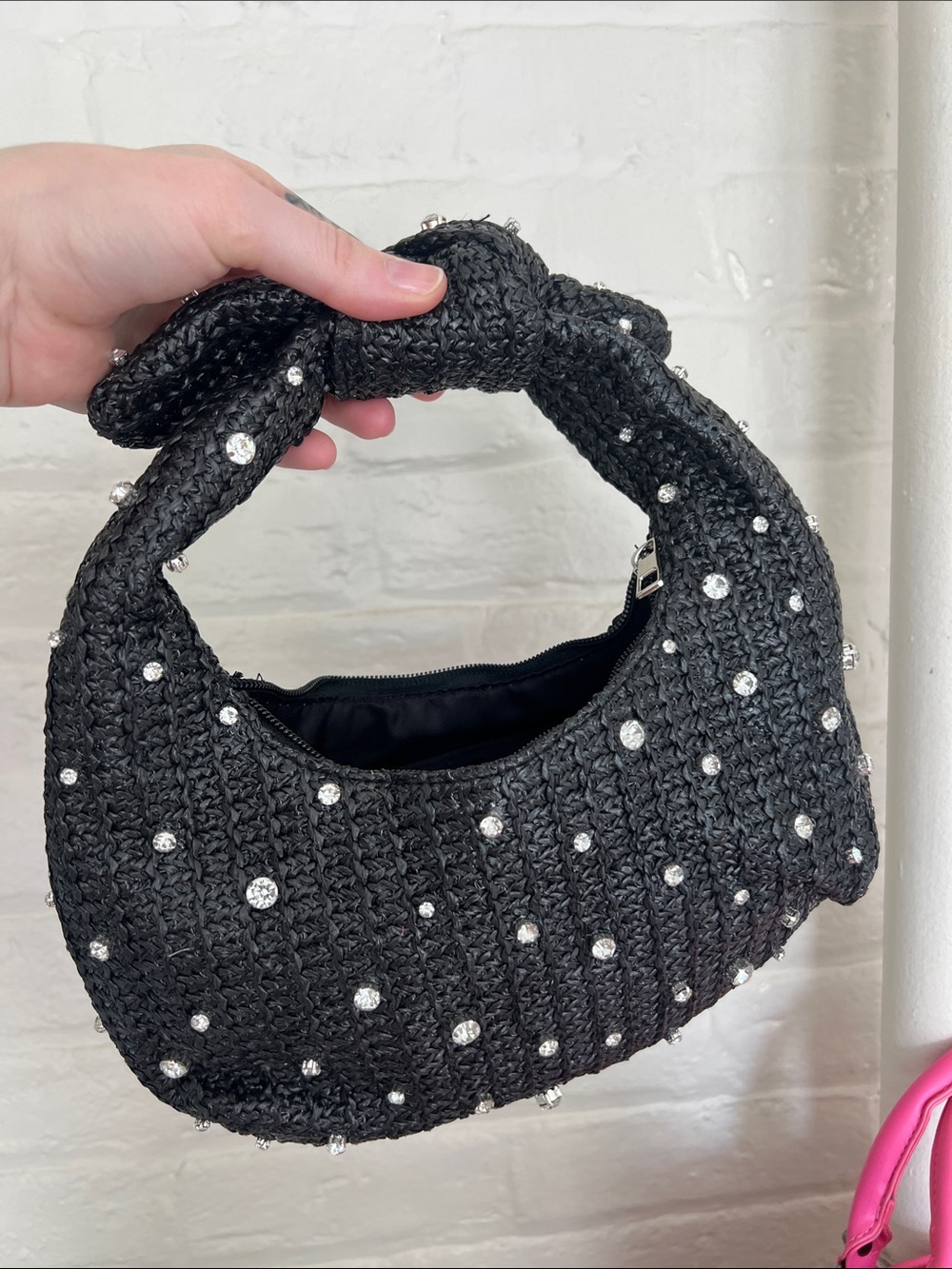Black Knitted Crystal-Embellished Hobo Bag